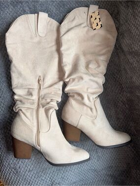 Mysoft - Beige 9.5W Slouch Mid-Calf Heeled Boots